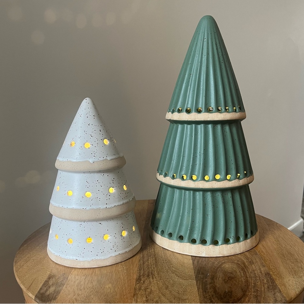 Crate & Barrel Set of 2 light Up Ceramic Holiday Trees